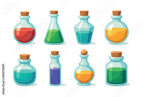 Potion bottles, magic elixirs, and alchemy, flat vector illustration