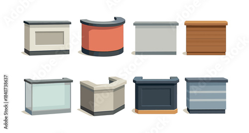 Retail counter designs, flat vector illustration, kiosk, checkout, reception