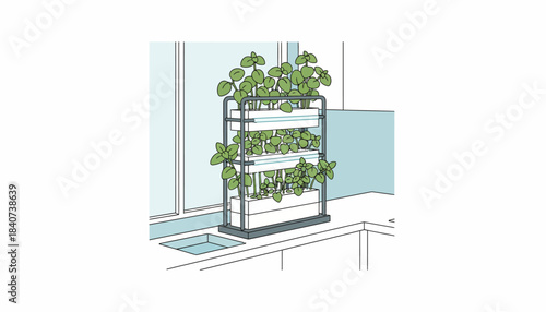 A hydroponic system set up in a modern kitchen with flourishing basil and mint utilizing minimal space and maximizing freshness.