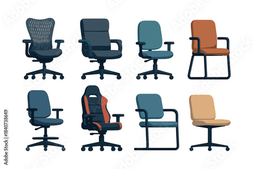 Office chairs collection, ergonomic seating, flat vector illustration