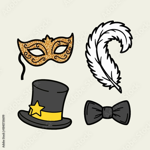A collection of hand-drawn costume elements including a golden masquerade mask, a white feather, a black top hat with a yellow band, and a black bow tie, all on a light background.