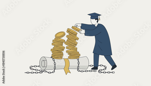 A student stacking coins around their diploma visually representing the financial challenges of affording education and the looming debt after graduation.