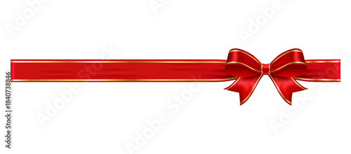 Red ribbon with bow on right gold trim band, glossy vector banner element for vouchers, promotional designs, gift packaging and holiday layouts