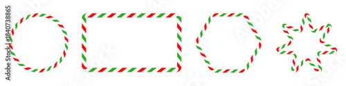 Collection red, green and white candy cane striped geometric outlines, including circle, rounded rectangle, rounded hexagon and star.Festive set for Christmas design, holiday decor