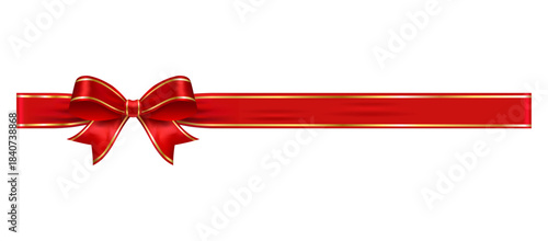 Red ribbon with bow on left gold trim band, glossy vector element for invitations, scrapbooking, greeting layouts and festive holiday decor