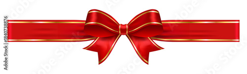 Red glossy bow with medium gold trim ribbon, decorative vector element for greeting cards, gift packaging, holidays and celebration layouts