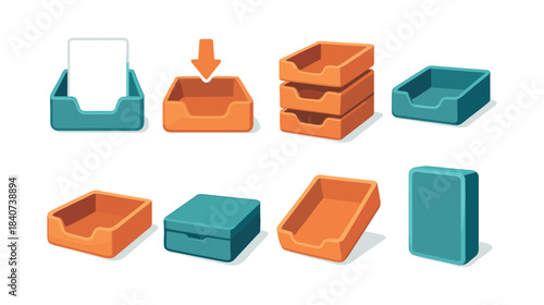 Filing box set, organization, storage, container flat vector illustration