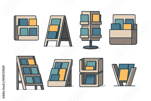 Brochure stand designs, flat vector illustration, pamphlet, leaflet, display rack