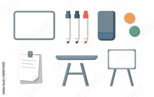 Whiteboard and office supplies, markers, eraser flat vector illustration