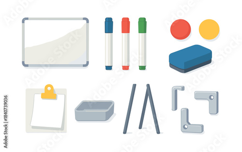 Office supplies flat vector illustration: whiteboard, markers, eraser, pins and clipboard