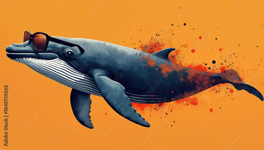 Fototapeta premium Stylized whale wears stylish sunglasses on bright orange backdrop. Aquatic creature exhibits cool attitude, fun vibe, splash of colors. Marine animal graphic art with unique design.