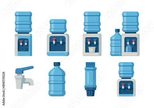 Water cooler and bottles, flat vector illustration with dispenser and hydration elements