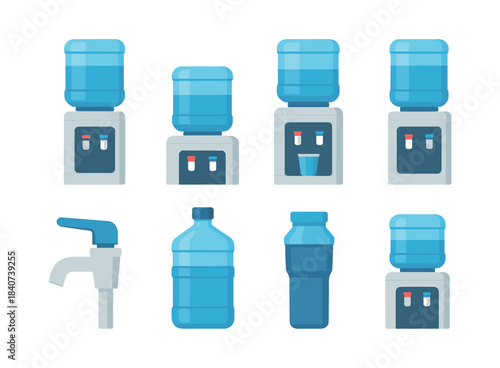 Water cooler and bottle set, flat vector illustration, office hydration essentials
