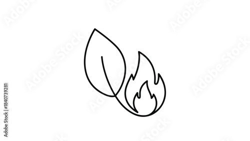 Line drawing of leaf and flames, abstract concept of nature vs fire, simple black and white illustration for environmental or energy themes