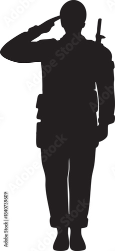 Silhouette of a soldier saluting representing military service and patriotism isolated on a white background