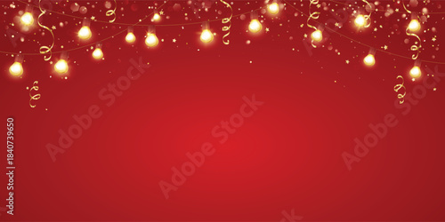 Festive red holiday background with glowing light bulb garlands, golden ribbons, sparkles and confetti decor. Great for Chinese new year, Christmas, birthday party, anniversary and Ramadan banners.