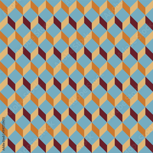 Pattern created by cream, gold and maroon diamonds on a blue background