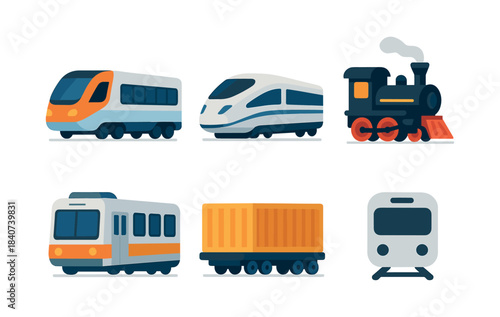 Train collection, steam engine, cargo car and modern high-speed, flat vector illustration