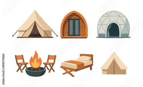 Camping and lodging options, tents, cabins, igloos, flat vector illustration