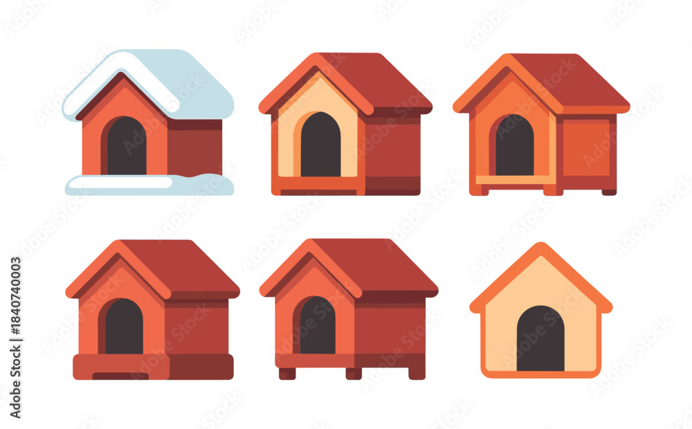 Fototapeta premium Dog house collection, snow roof, kennels, flat vector illustration