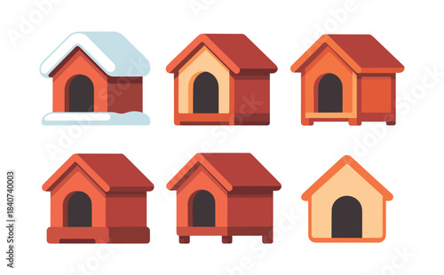 Dog house collection, snow roof, kennels, flat vector illustration