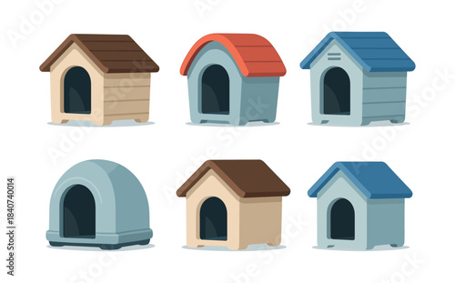 Dog house collection, kennels, shelters, flat vector illustration in various styles