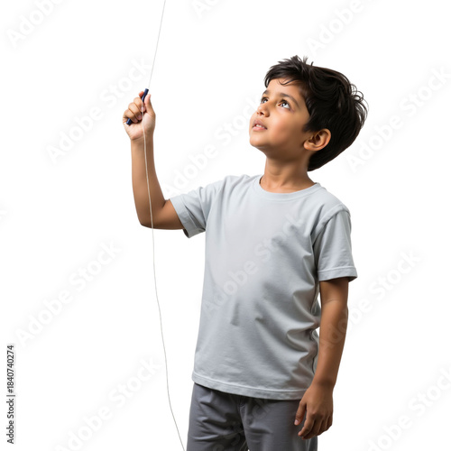 Young boy gazes upward while holding a kite string with wonder
