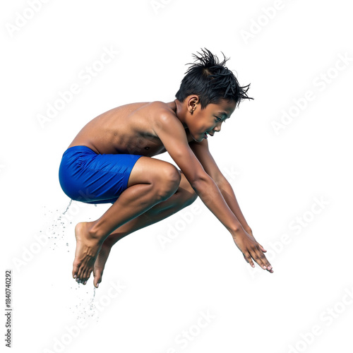 Energetic boy leaping into clear water, capturing youthful joy and athleticism