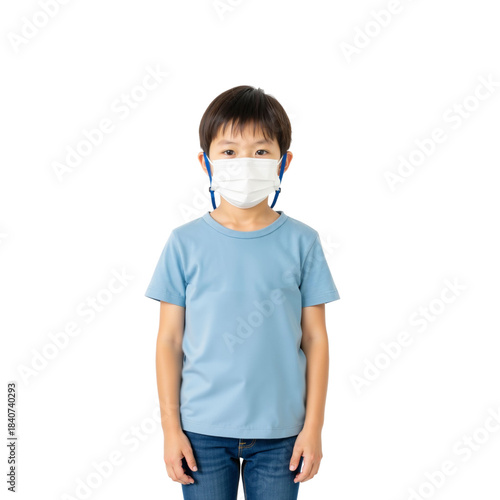 Youngster wearing a face mask standing isolated on a white backdrop