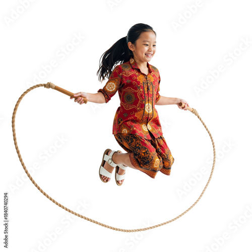 Joyful young girl skipping rope in traditional attire against white background