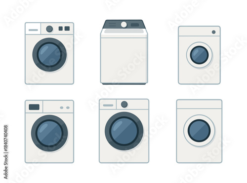 Washing machine collection, flat vector illustration, laundry appliances set