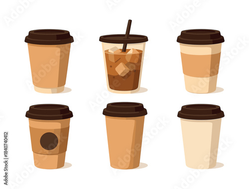 Coffee cups collection, takeaway, iced coffee, flat vector illustration