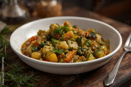 Sicilian Caponata with Sweet and Sour Aubergines in a White Bowl on Rustic Table