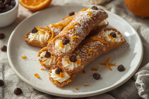 Traditional Sicilian Cannoli with Ricotta Cream on White Plate