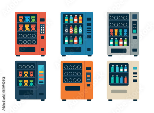Vending machine collection, drinks, snacks, flat vector illustration