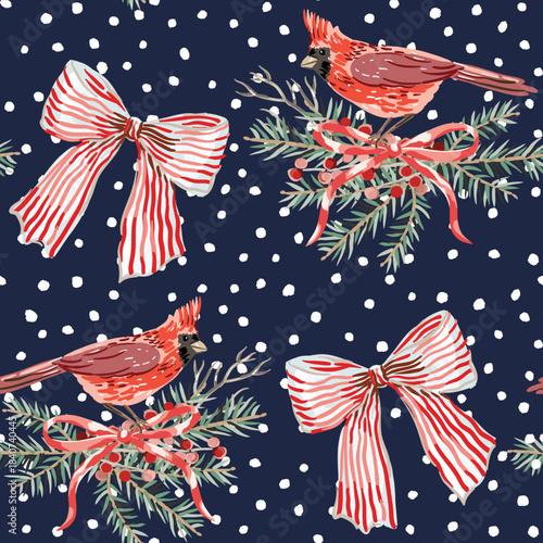 Christmas seamless pattern, cardinal birds, fir twigs, red striped bows, snow, dark blue background. Vector illustration. Nature design. Winter season greeting. New Year holidays
