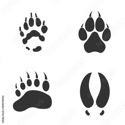 Footprints of Animal, Traces of  Wolverine, Bear, Wilf, Elk on white background.  Silhouette animal tracks in gray. Paw Print for your design. Vector illustration. EPS10.