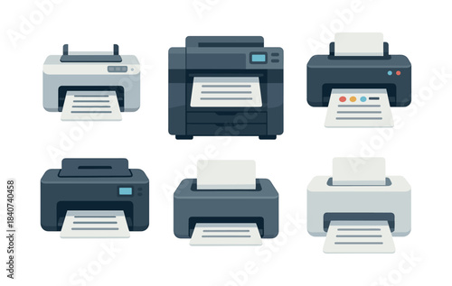 Printer icons set, flat vector illustration, office equipment, technology