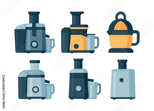 Juicer collection, kitchen appliances, flat vector illustration, healthy cooking design