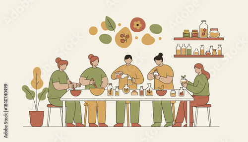 A vibrant community workshop where individuals learn to craft homemade beauty products using natural ingredients promoting selfsufficiency and zerowaste philosophy.