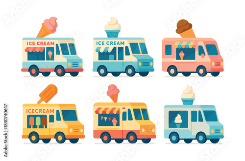 Ice cream truck set, flat vector illustration of dessert vans and cones