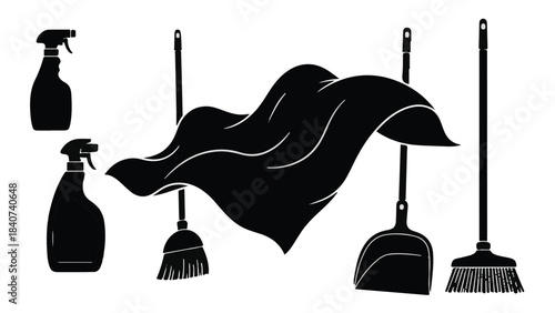 Cleaning tools and supplies silhouette set with brooms, dustpan, and cleaning products on white background for household chores and maintenance concept