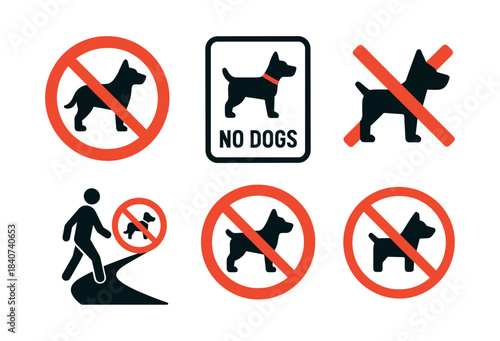 No dogs allowed signs, flat vector illustration of prohibition symbols