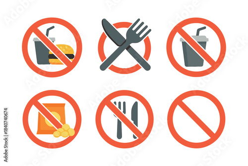 No fast food signs, burger, soda, flat vector illustration, junk food symbols