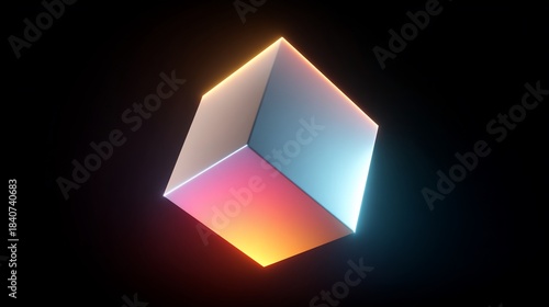 Neon-lit cube abstract, floating in darkness with vibrant color gradients