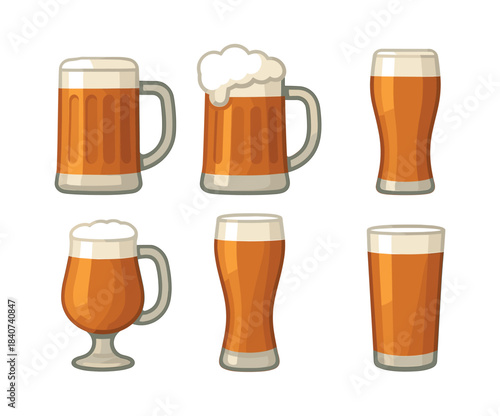 Different beer glass styles, flat vector illustration with mugs and pints