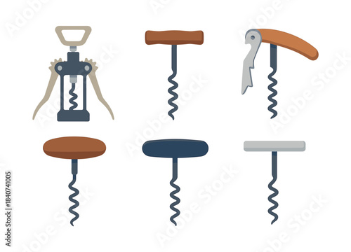 Corkscrew collection, wine opener tools, flat vector illustration for bars