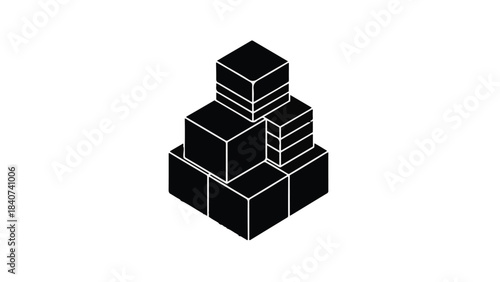 Stack of black boxes with white outlines, geometric shapes, modern minimalist design elements for business and technology concepts