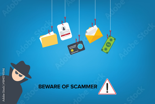 Hacker, scammer committing digital cybercrime. Vector illustration	