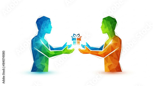 Two stylized polygonal human figures in profile exchanging a colorful geometric gift box with a bow isolated on white background